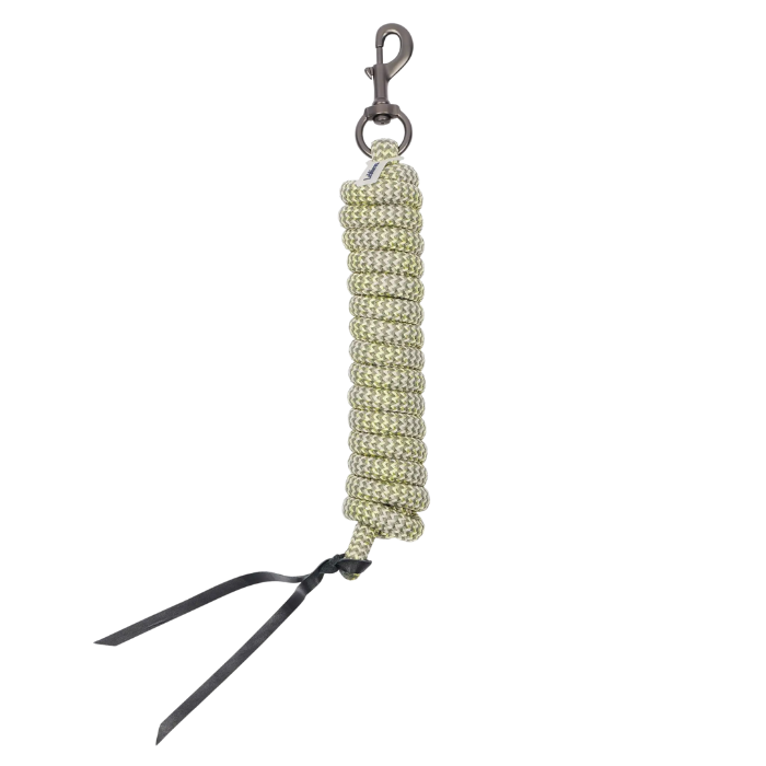 Beige and green braided rope with a black strap and metal clip on a white background