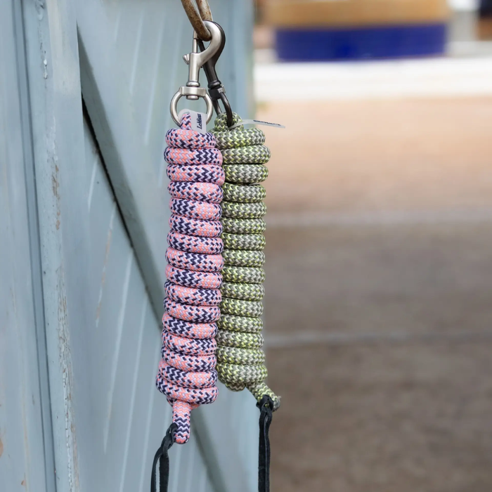 Two braided ropes, one pink and one green, hanging on a metal surface.