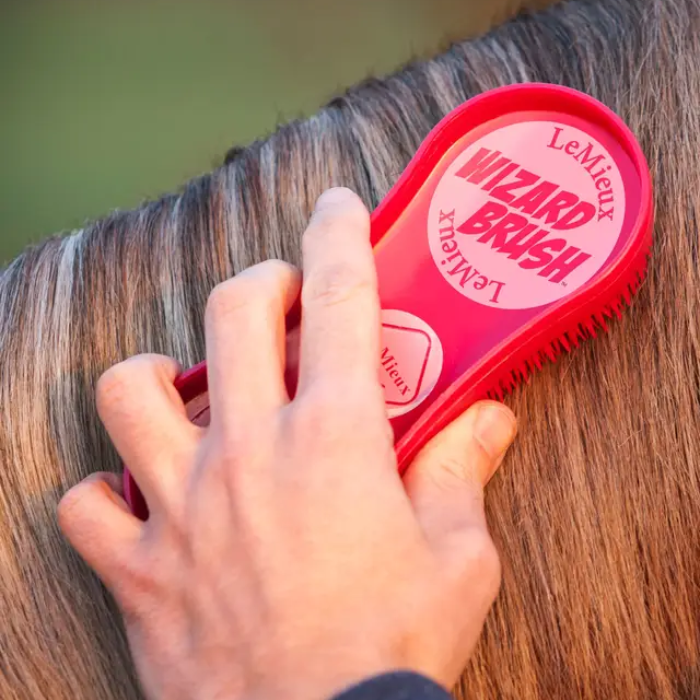 Person using a red LeMieux Wizard Brush on a horse's mane.