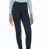 Person wearing navy riding leggings on a white background