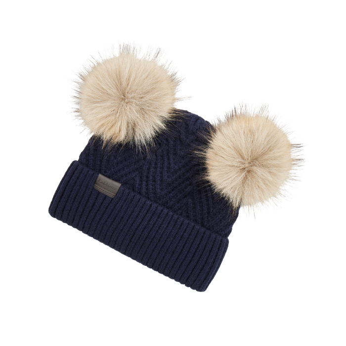 LeMieux AW26 Mini Double Pom Beanie Variant Colour Navy.
A navy blue cable-knit beanie hat with two large cream faux-fur pom-poms on top, shown on a plain white background.