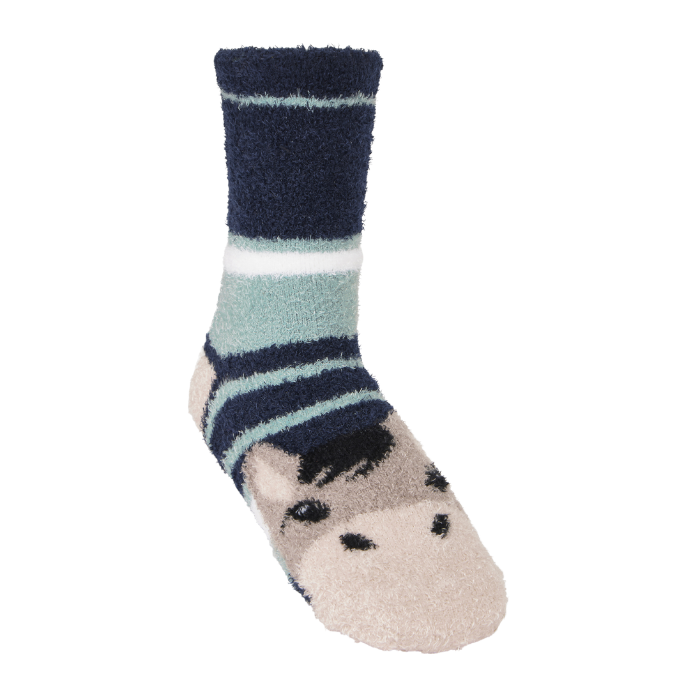 LeMieux AW26 Mini Fluffy Character Socks Oakie Variant Colour Multi.
A single plush fleece sock with a horse design, featuring navy blue and mint green stripes with a beige horse face on the foot.