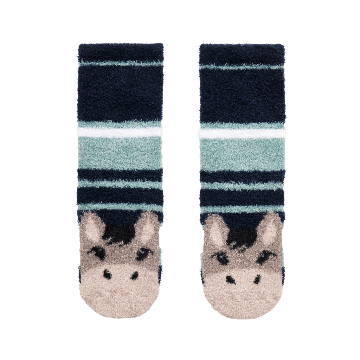 LeMieux AW26 Mini Fluffy Character Socks Oakie Variant Colour Multi.
A pair of plush fleece sock with a horse design, featuring navy blue and mint green stripes with a beige horse face on the foot.