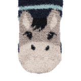 LeMieux AW26 Mini Fluffy Character Socks Oakie Variant Colour Multi.
A close-up of a fuzzy knit sock featuring a stylized donkey face in beige and black, with a dark navy cuff and a light blue stripe near the top.
