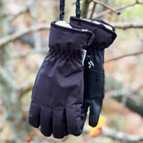 Black gloves hanging on a branch with a blurred natural background