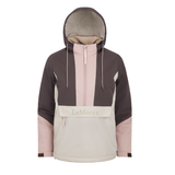 LeMieux AW26 Phoebe Half Zip Waterproof Anorak Varient Wild Rose. A color-blocked hooded jacket by LeMieux, featuring a dark brown upper section, a light pink central zipper panel, and a warm cream lower panel and sleeves. The brand name 'LeMieux' is printed on the front pocket.