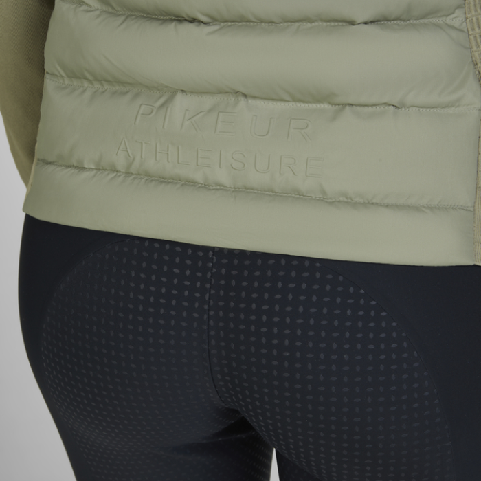Logo detail on the reverse of Pikeur Athleisure Hybrid Jacket in Light Moos
