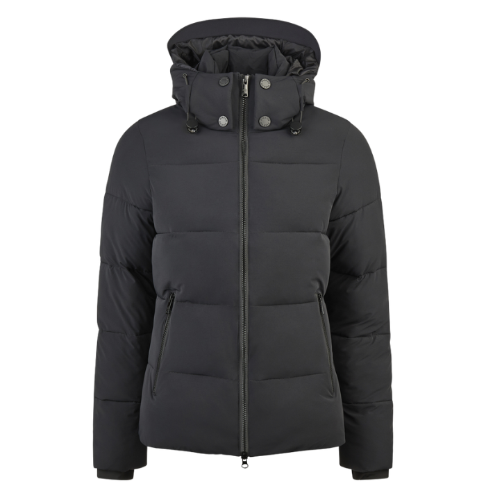Black puffer jacket with a hood on a white background
