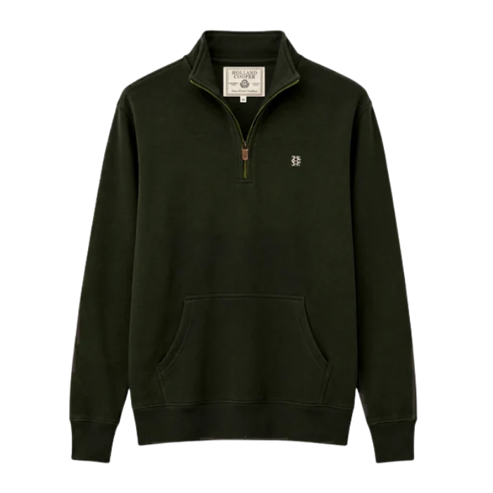 Holland Cooper Classic Quarter Zip Sweat (Men's) Variant Colour Racing Green.
An green quarter-zip sweatshirt with a small embroidered logo on the left chest, displayed on a clean white background.