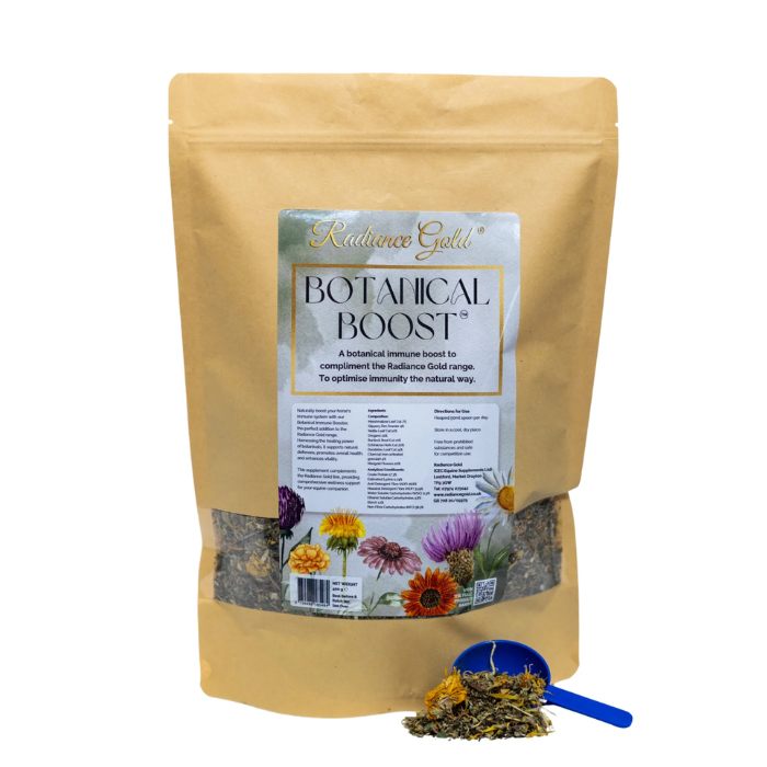 Bag of Botanical Boost with a scoop of dried herbs on a white background