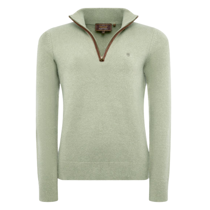 Holland Cooper Country Quarter Zip Knit Variant Colour Sage. 
A light sage green knit quarter-zip sweater with brown leather trim along the zipper, shown on a plain white background.