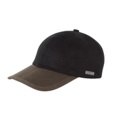 Black baseball style cap with an olive green peak against a white background