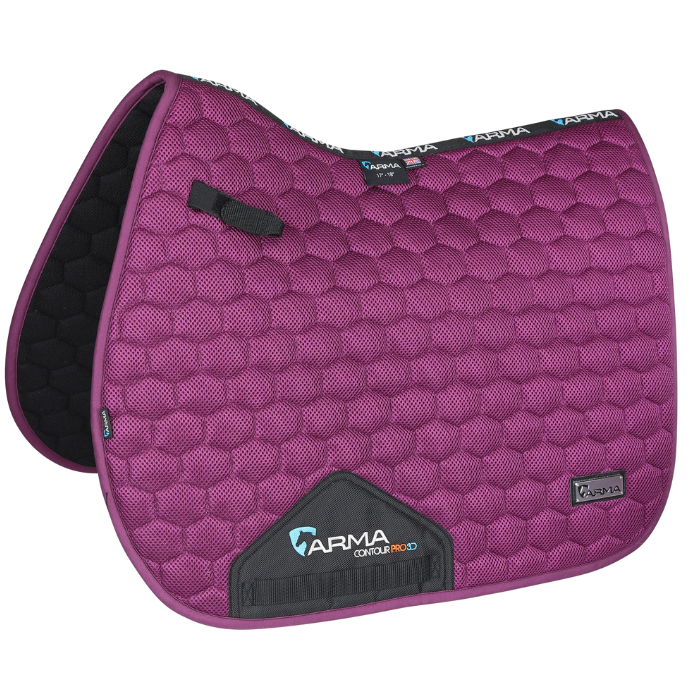 Purple quilted saddle pad with visible branding on a white background