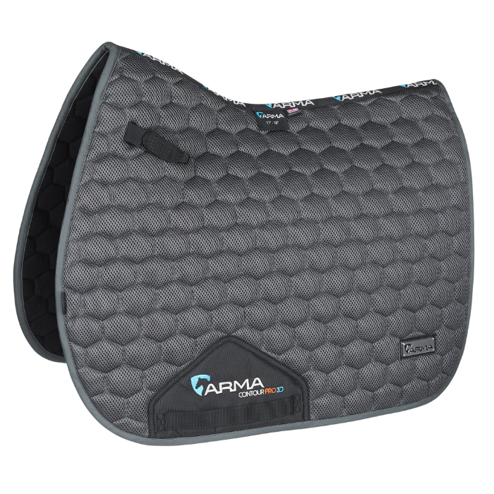 Grey quilted saddle pad with Arma logo on a white background