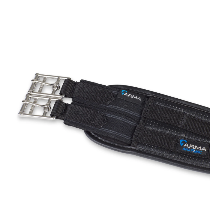 Black girth with chrome buckle on a white background, featuring the Arma brand.