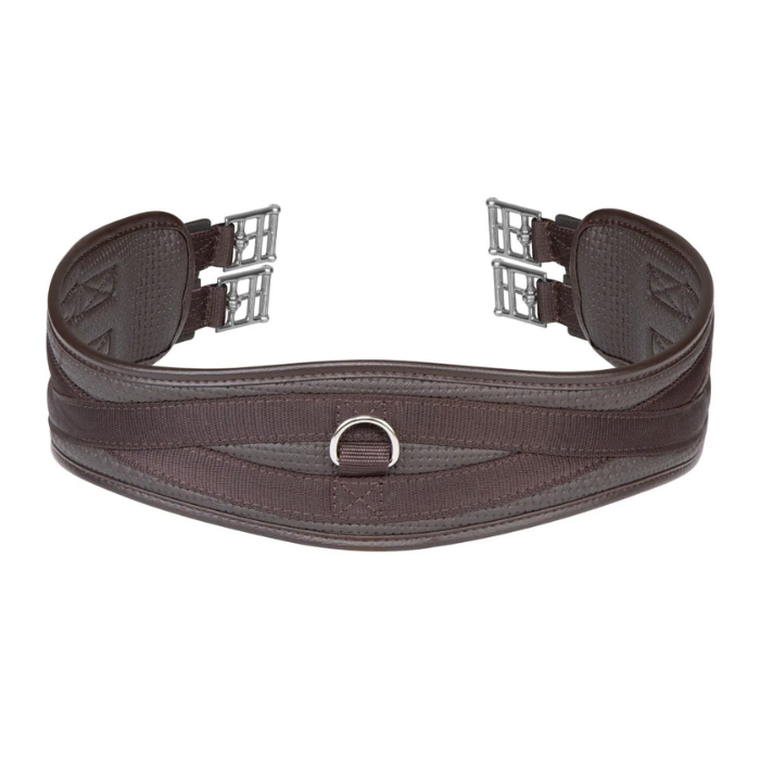 Brown equestrian girth with chrome hardware on a white background