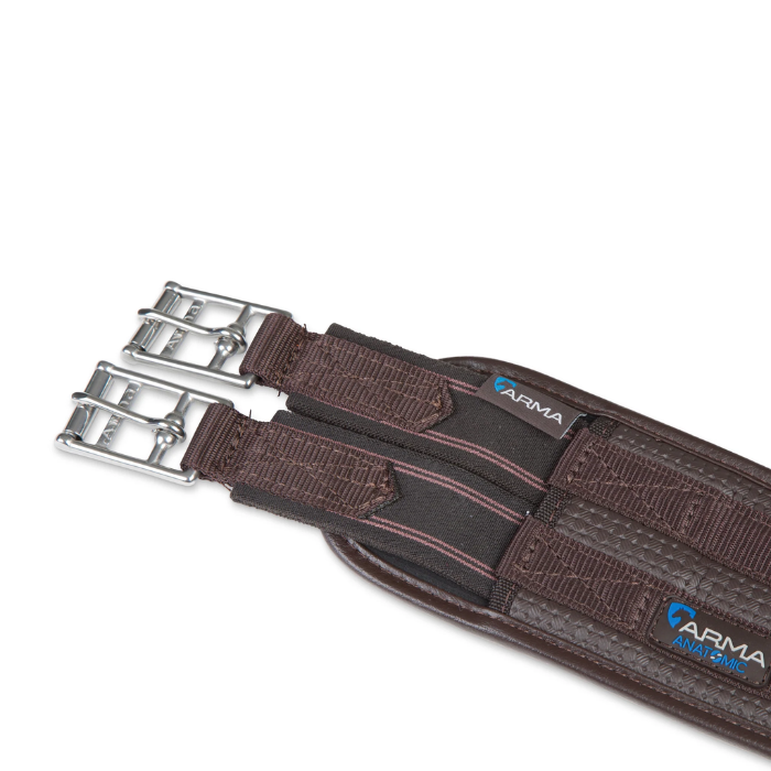 Brown equestrian girth with chrome buckle on a white background, featuring Arma brand.