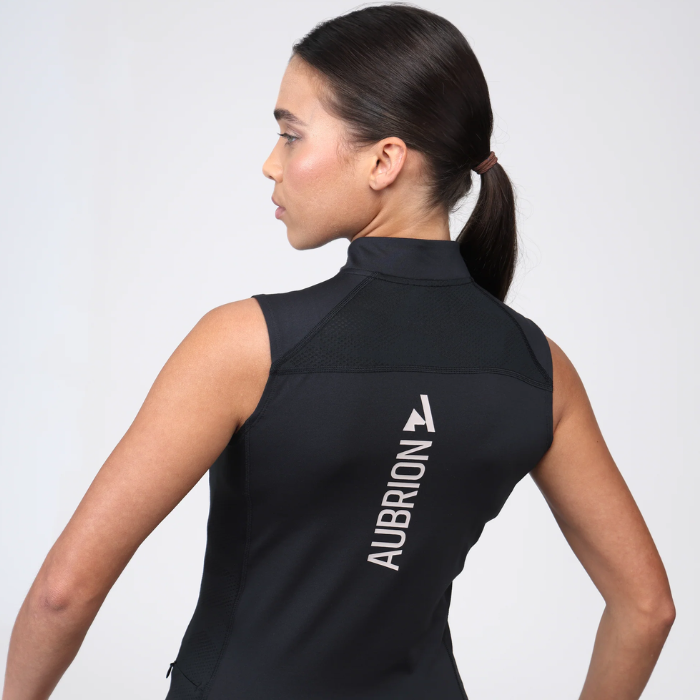 Logo detail on the reverse of the Shires Aubrion React Sleeveless Baselayer