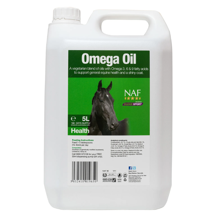 Omega Oil container for horses with a green label on a white background
