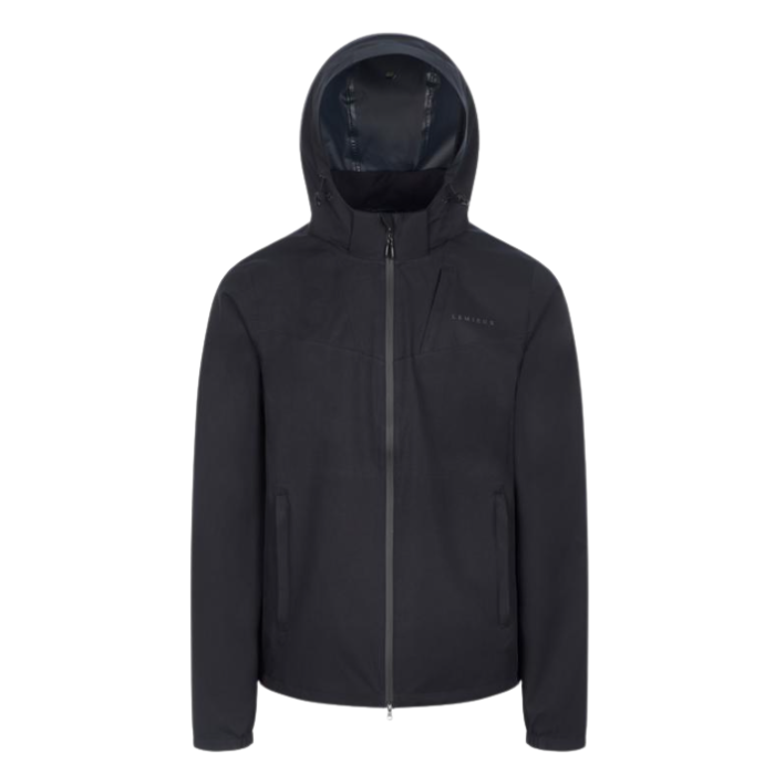 LeMieux AW26 Mens Waterproof Lightweight Jacket Varient Black. A black hooded jacket with a full front zipper, zippered hand pockets, and a subtle tonal logo on the left chest, displayed on a clean white background.