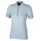 A light blue short-sleeve polo shirt with a half-zip collar and a vertical patterned zipper detail on the chest, shown on a plain white background.