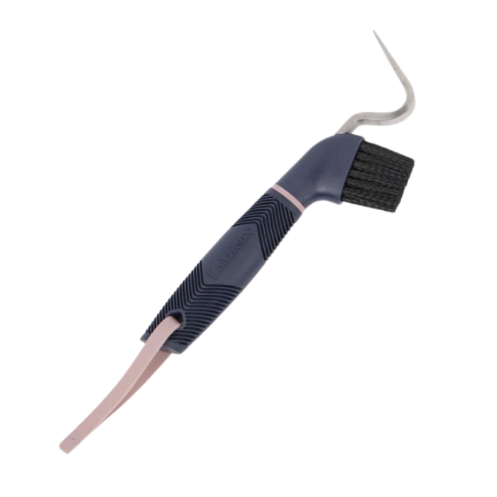 LeMieux AW26 Heavy Duty Hoof Pick Varient Navy. A horse grooming tool with a curved silver metal hook, a black bristle brush head, and a textured navy blue and rose gold handle, shown on a plain white background.