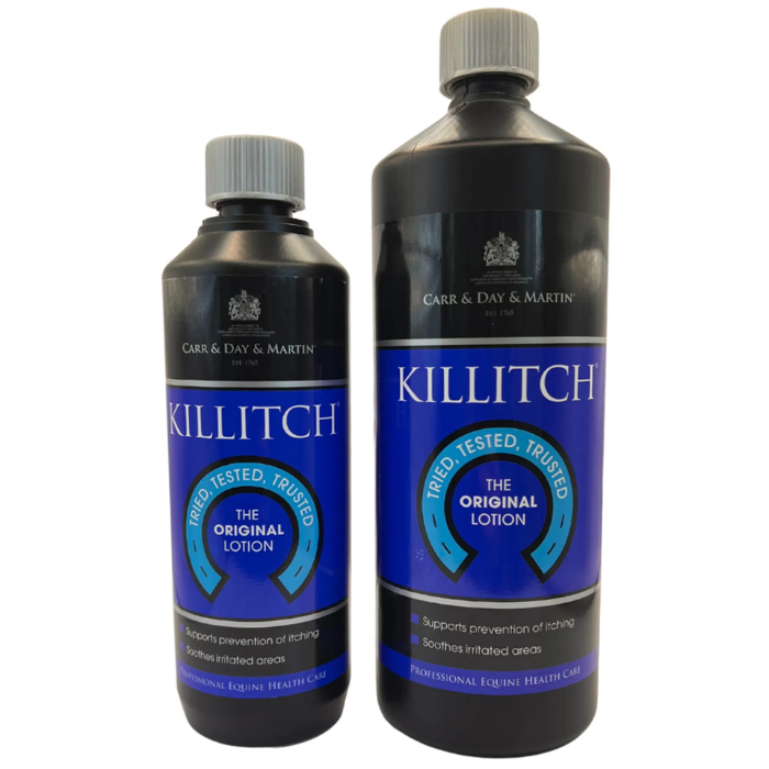 Carr and Day and Martin Killitch Sweet Itch Original Lotion
Two bottles of Carr & Day & Martin Killitch The Original Lotion, one smaller and one larger, both with blue and white labels and gray caps, on a white background.