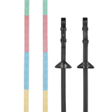 Colorful striped horse reins with black metal tips on a white background