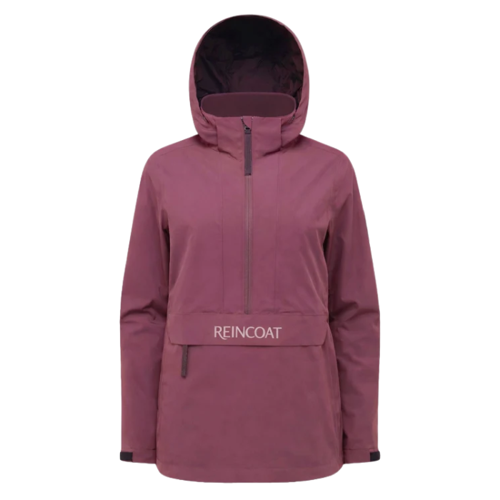 Reincoat Smock Lite Varient Bloom. A women's hooded half-zip jacket in a dusty mauve or berry purple color, featuring a front zip pocket with the brand name 'REINCOAT' printed in white on the chest, shown against a plain white background.