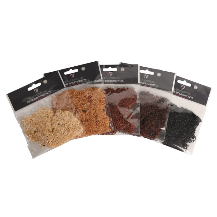 Set of five packages containing different colored hairnets on a white background