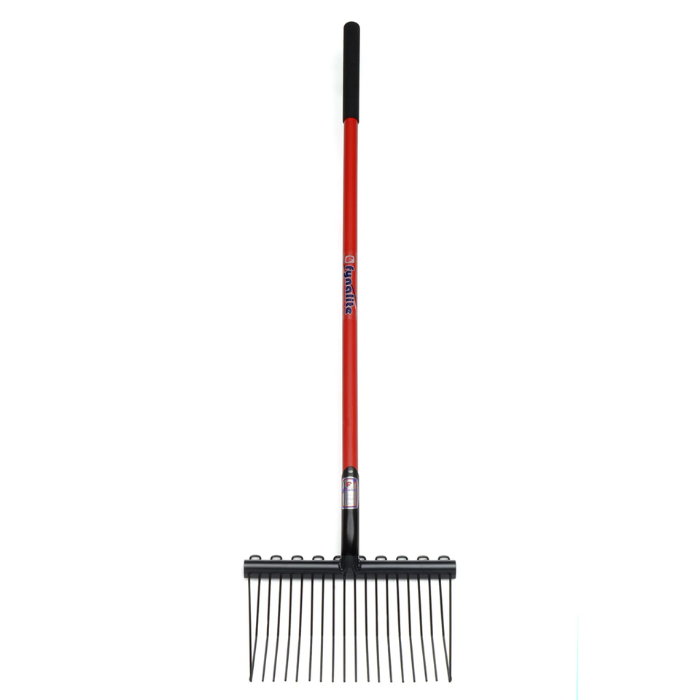 Garden rake with red handle and black metal head on a white background