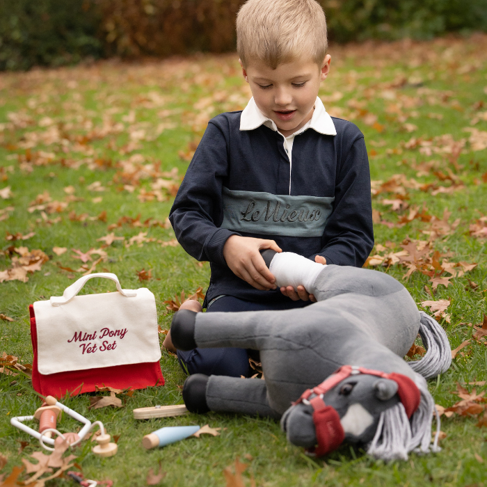LeMieux AW26 Toy Pony Vet Set Variant Colour Multi.  younf person on grass with grey toy horse using the toy vet set with bag on grass background. 