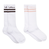 LeMieux AW26 Tall Crew Socks 2 Pack Variant Colour White.
Two white crew socks with ribbed cuffs, displayed side by side on a plain white background. The left sock has two horizontal dark brown stripes near the top with the brand name 'LeMieux' printed in black.
