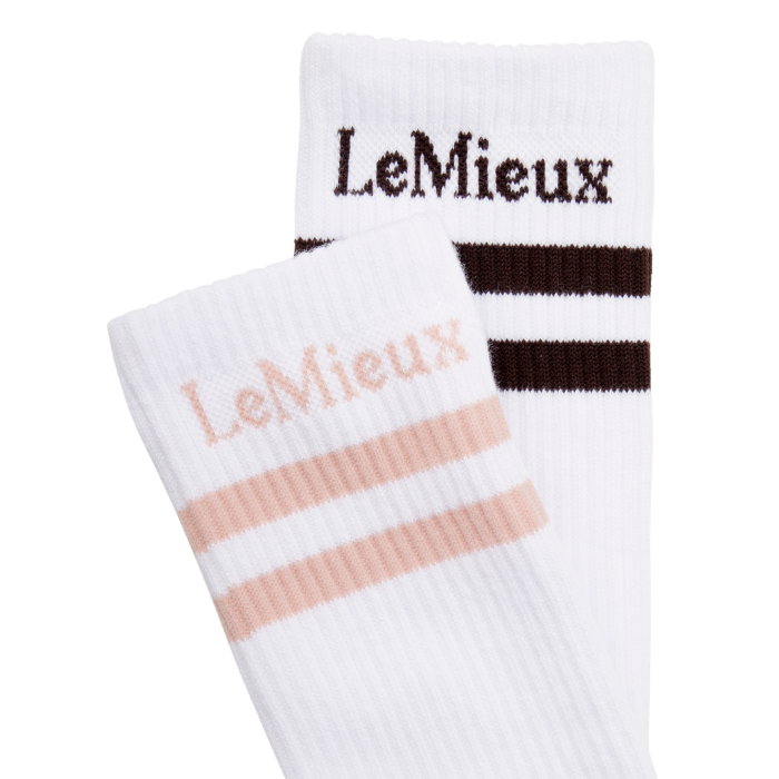 LeMieux AW26 Tall Crew Socks 2 Pack Variant Colour White.
Two white LeMieux crew socks, one with dark brown stripes and logo, and the other with light pink stripes and logo, shown on a white background.