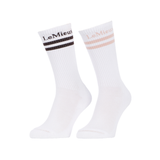 LeMieux AW26 Tall Crew Socks 2 Pack Variant Colour White.
Two white crew socks with ribbed cuffs, displayed side by side on a plain white background. The left sock has two horizontal dark brown stripes near the top with the brand name 'LeMieux' printed in black.