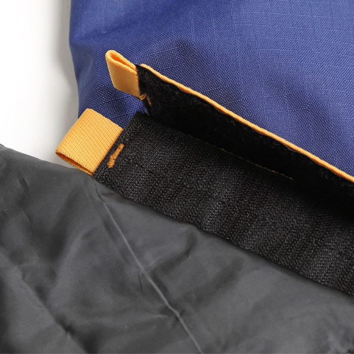 Close-up of a blue and black rug with yellow velcro attachments.