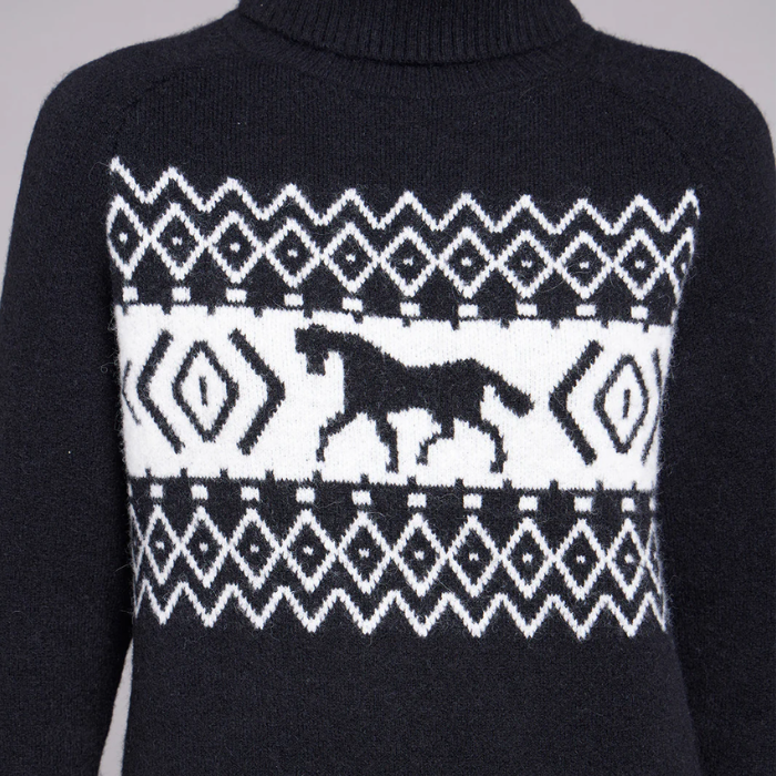 Black sweater with a white pattern and black horse detail on a grey background