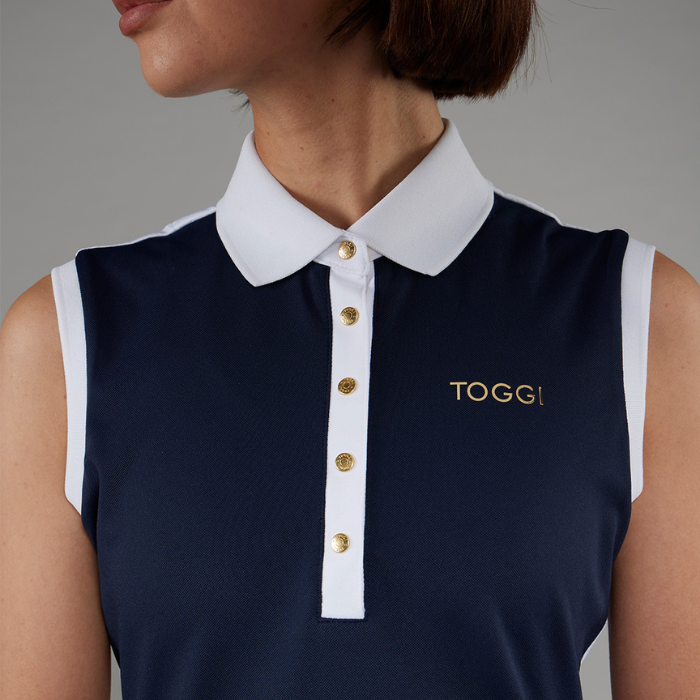Close up collar detail on the Toggi Ladies Haymarket Sleeveless Polo Shirt in Navy/White