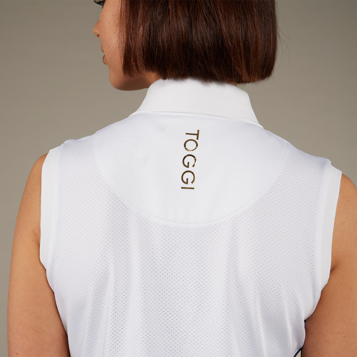 Reverse logo detail on the Toggi Ladies Haymarket Sleeveless Polo Shirt in Navy/White