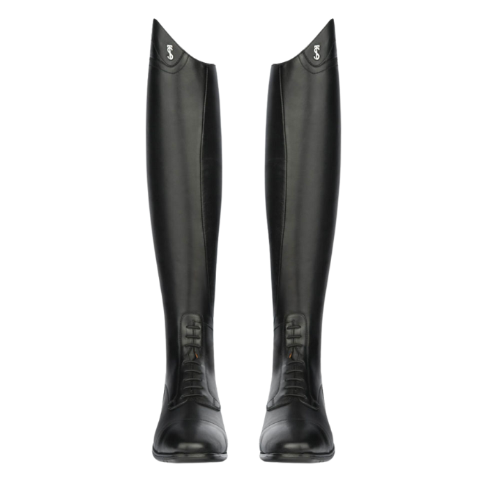 Pair of black riding boots on a white background
