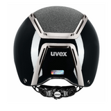 Black and silver riding hat with Uvex branding on a white background