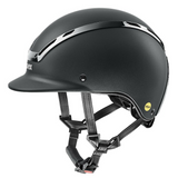 Black riding helmet with silver accents on a white background