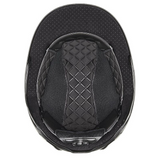 Black helmet interior with quilted design on a white background