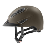 Brown riding helmet with black straps on a white background
