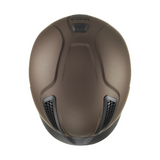 Brown riding helmet with black accents on a white background