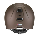 Brown riding helmet with 'uvex' branding on a white background