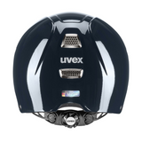 Black shiny riding helmet with Uvex branding on a white background