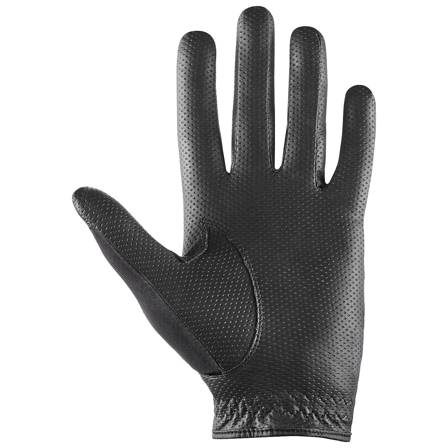 Textured surface of a riding glove against a white background
