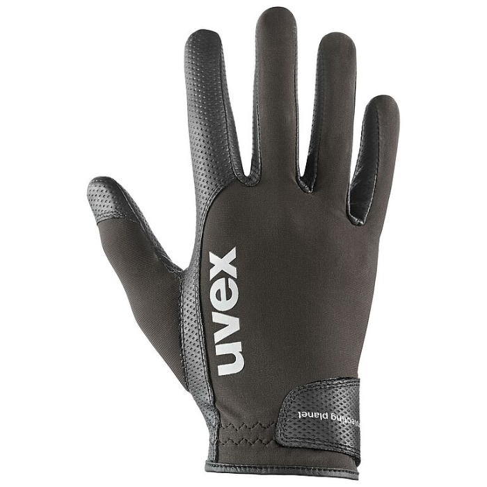 Brown and black glove with 'uvex' branding on a white background