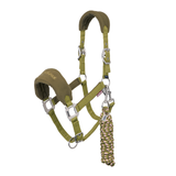 LeMieux AW26 Vogue Headcollar & Leadrope Variant Colour Gooseberry.
An olive green horse halter with silver metal hardware and a matching paracord lead, shown on a solid white background.